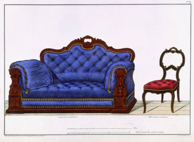 Französisches Sofa und Stuhl aus Modeles de Meubles et de decorations interieures pour les meubles, Paris, Santi, M, 1828 von M. Santi